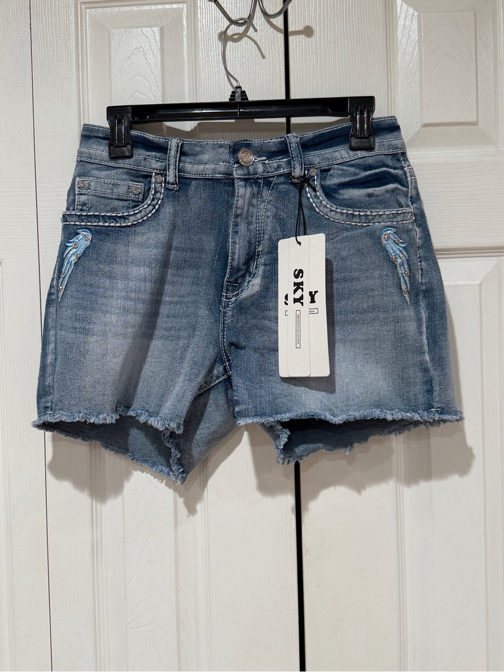 Sky Light Blue Embroidered Frayed Hem Denim Shorts